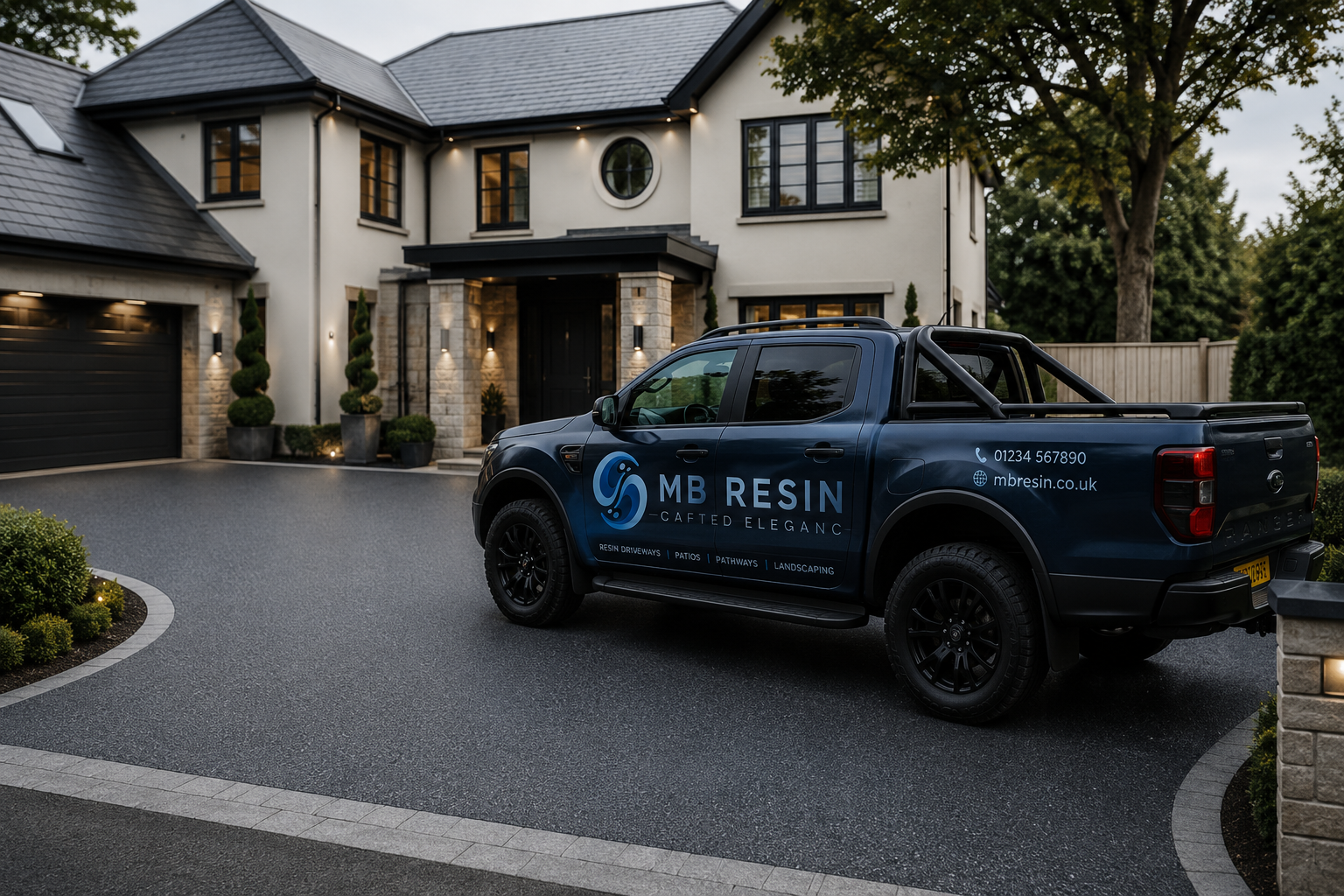 The MB Resin team van outside a finished block-paved driveway in Sunderland