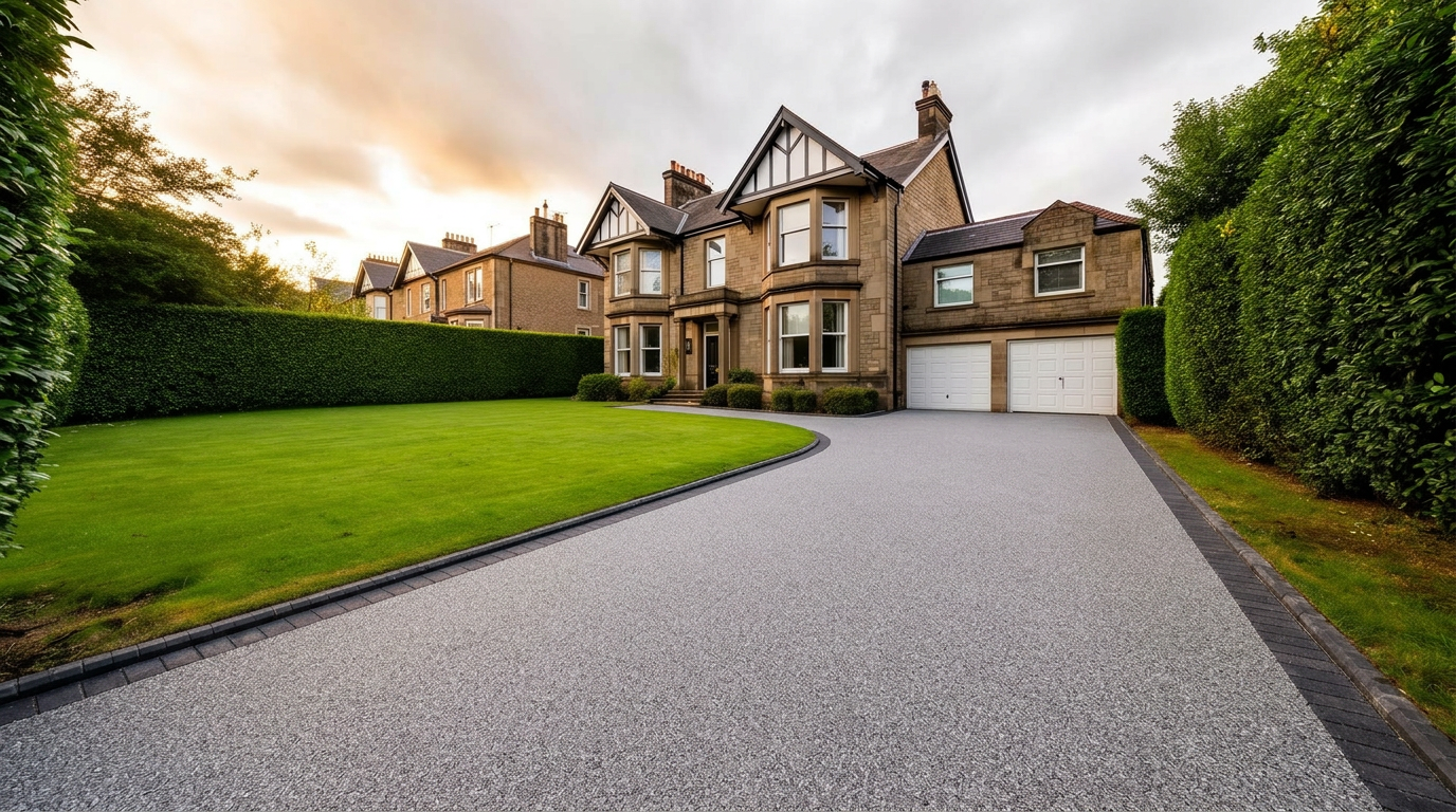 After: silver-grey resin-bound driveway with charcoal block border
