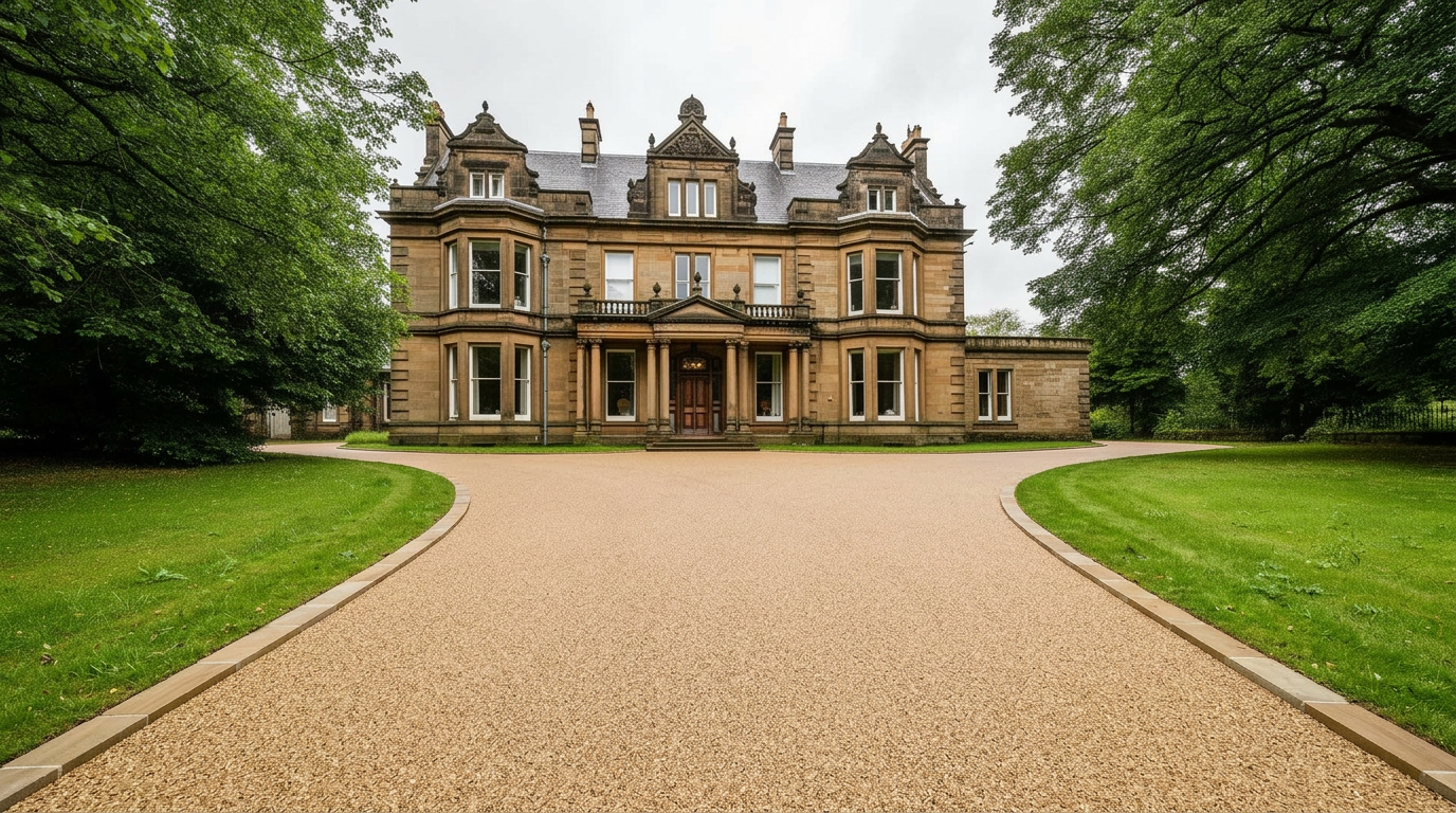 After: buff-gold resin-bound driveway sweeping to a Victorian entrance