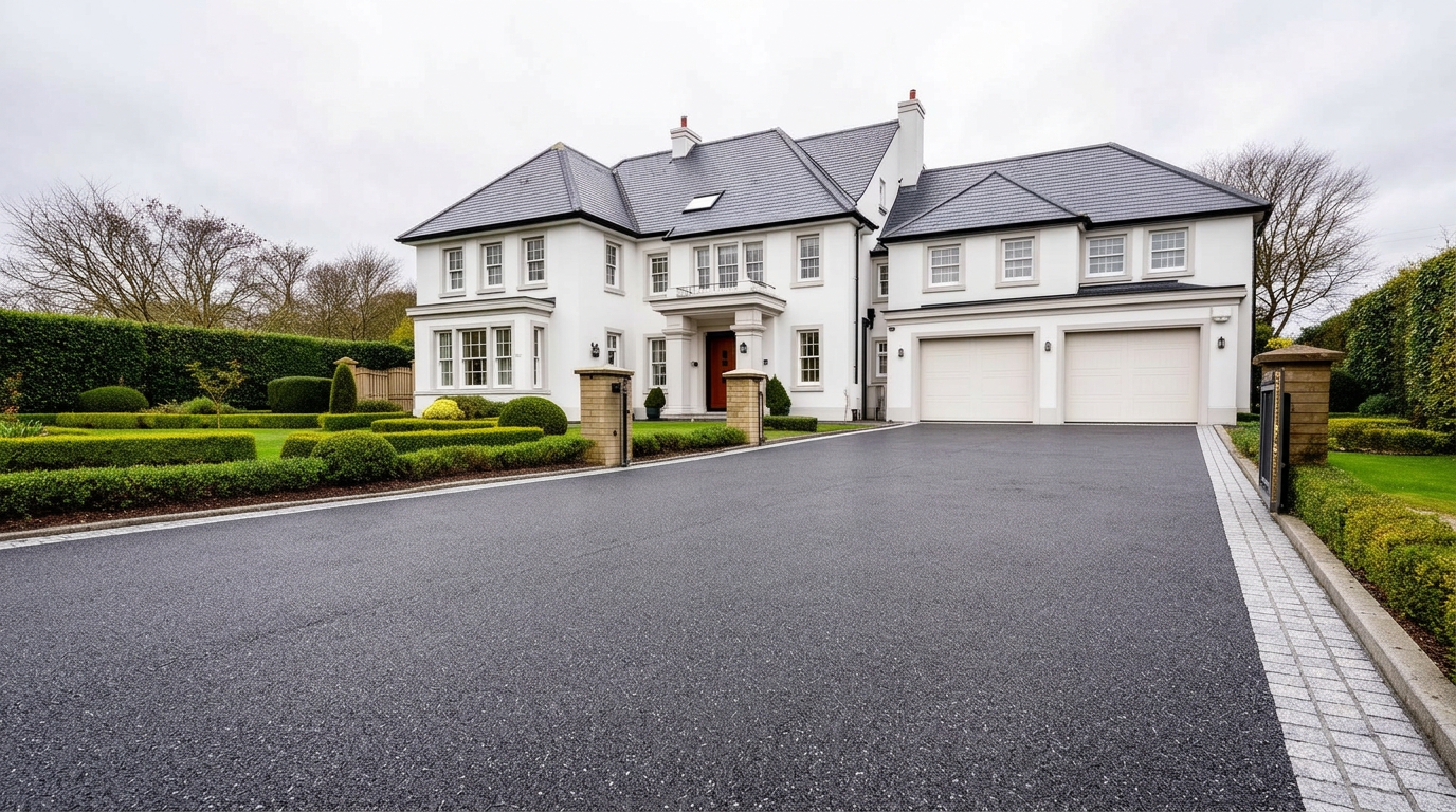 After: charcoal resin-bound driveway with light granite block-paved border