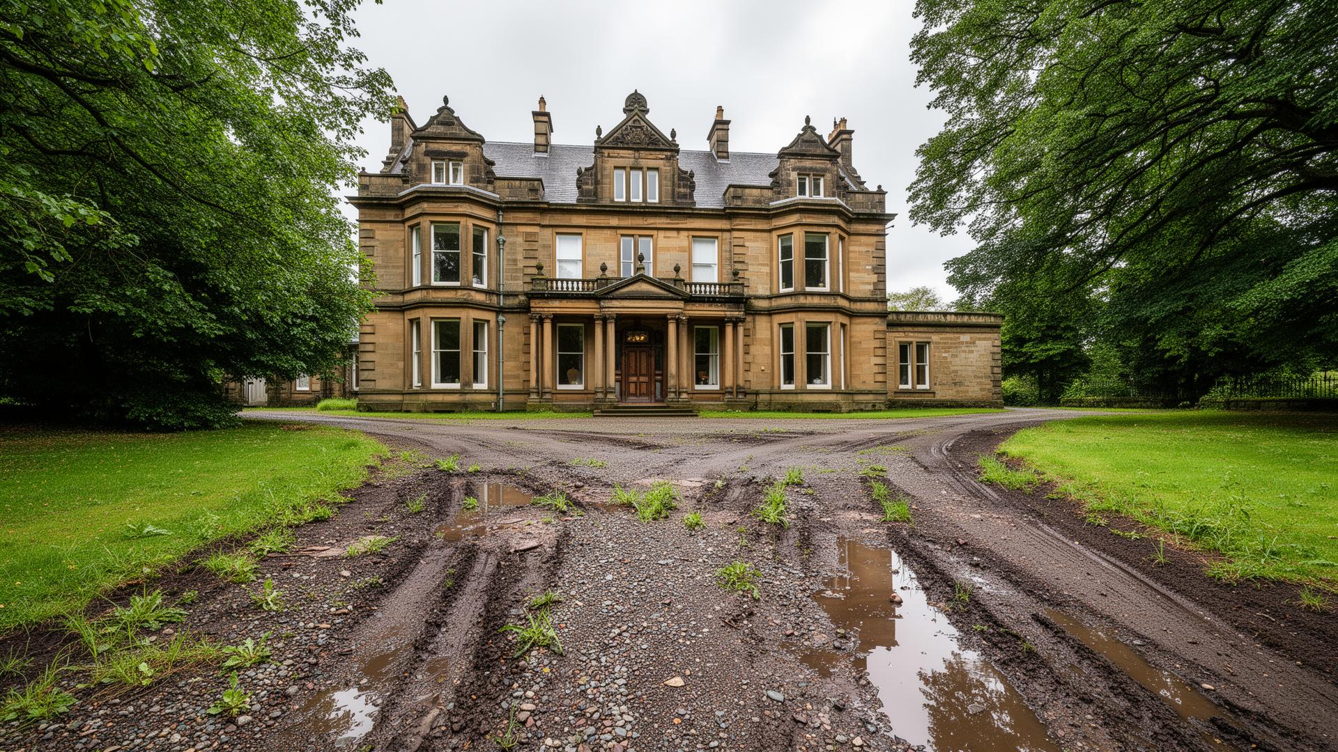 Before: a muddy, rutted gravel drive at a grand Victorian sandstone house